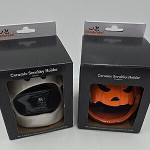Ceramic Halloween Ghost & Pumpkin Scubby‎ Holders 2 Pack